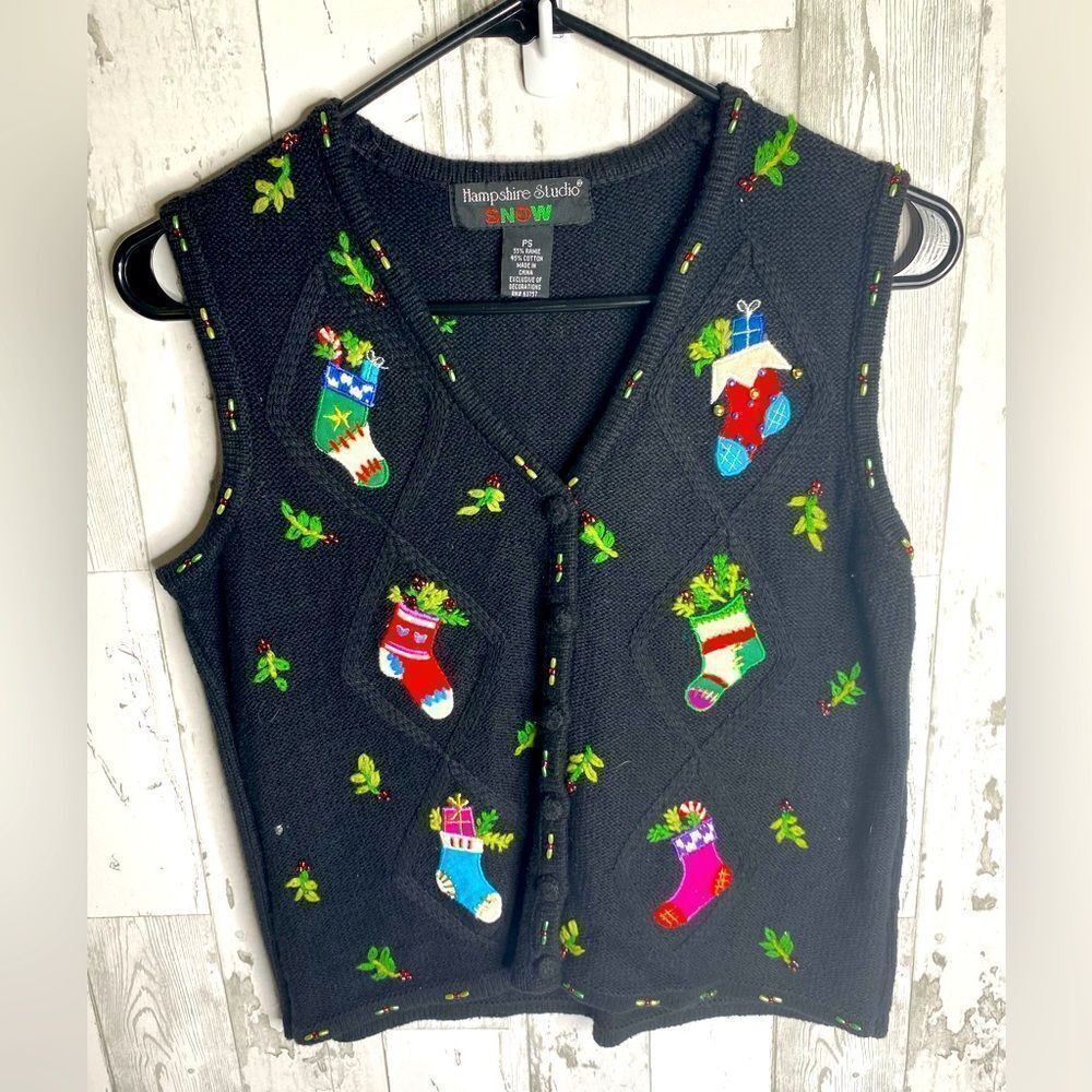 Hampshire Studio Black Christmas Beaded Appliqué Embroidered Sweater Vest PS Vtg
